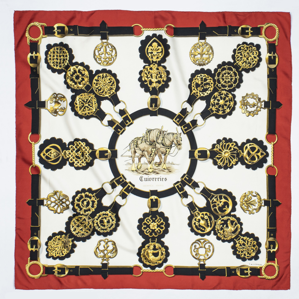 Hermes Scarf in Red/Ivory/Black/Gold 100% Twill Silk - Picture 3 of 3